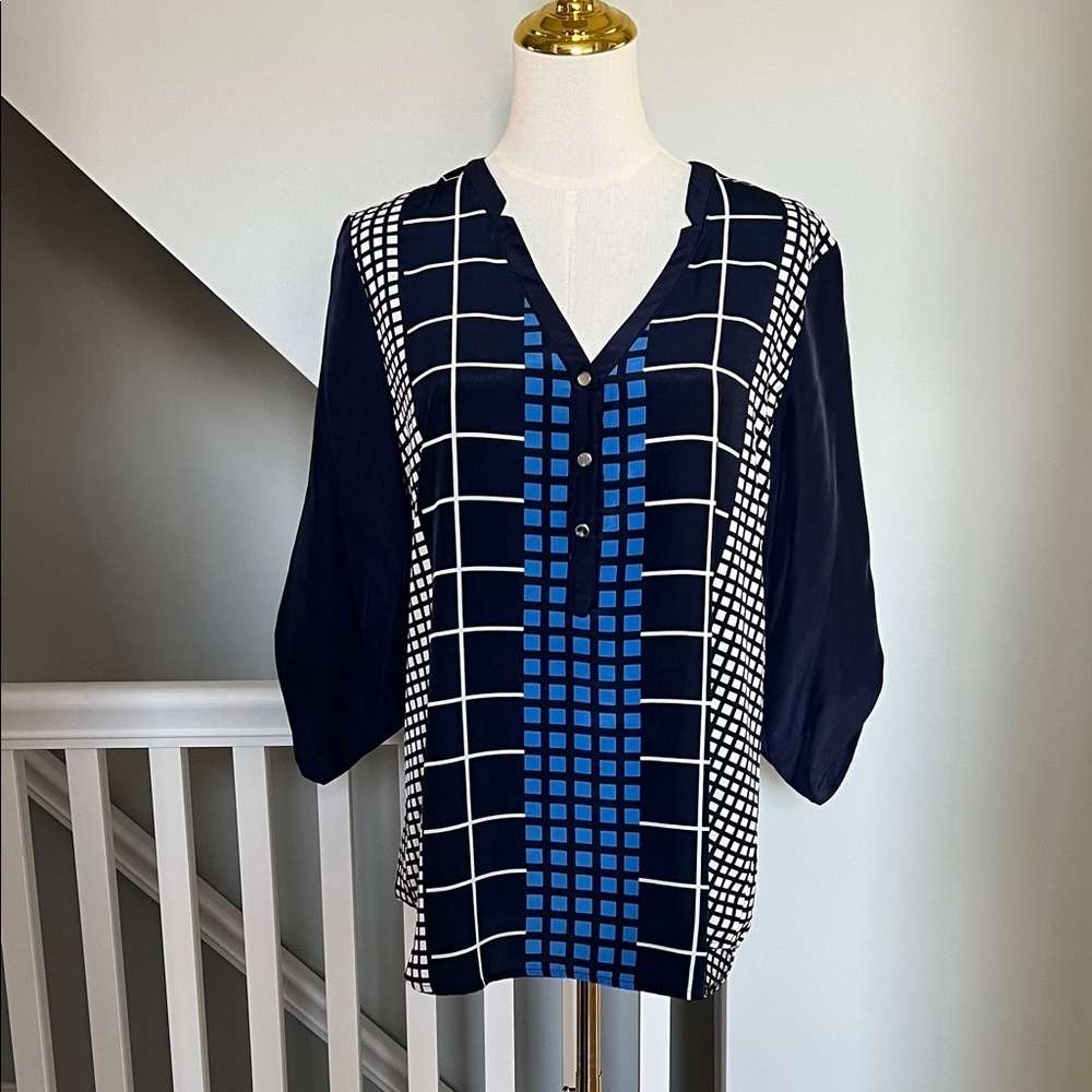 New York & Company Navy Grid Blouse with Blue Center Panel